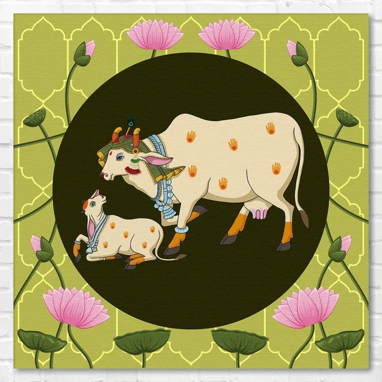 Kamdhenu with Calf Pichwai Wall Art Canvas Base