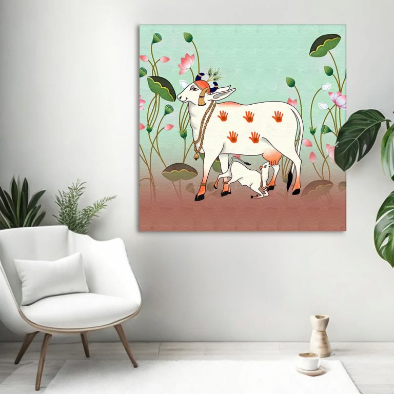 Ethnic Traditional Kamdhenu Cow with Calf Pichwai Wall Art Canvas Base
