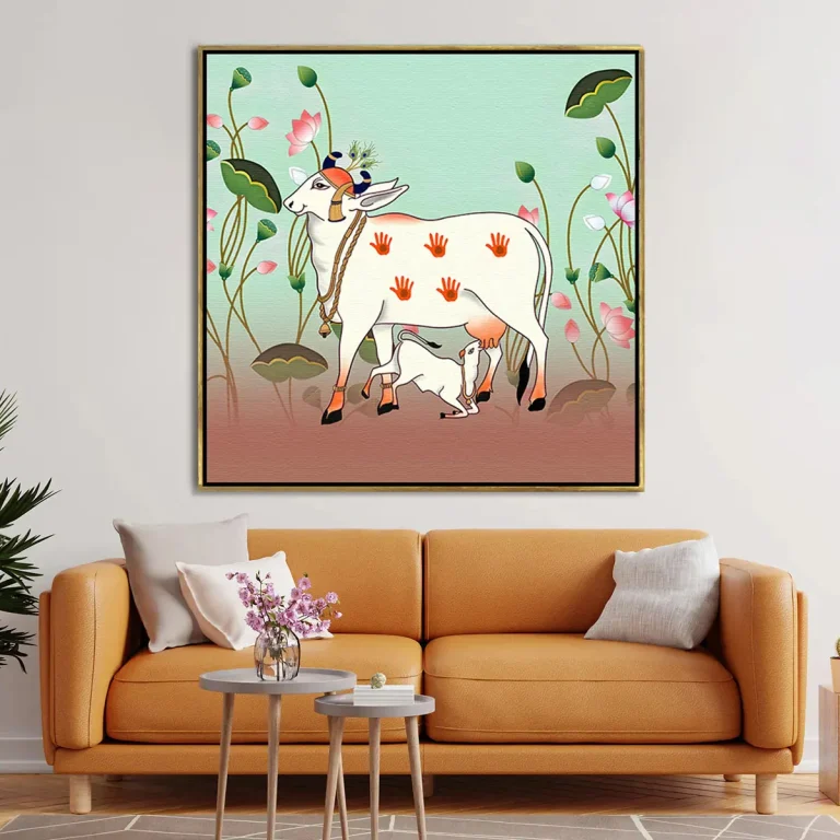 Ethnic Traditional Kamdhenu Cow with Calf Pichwai Wall Art Canvas Base