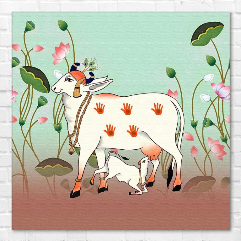 Ethnic Traditional Kamdhenu Cow with Calf Pichwai Wall Art Canvas Base