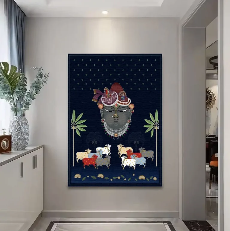 Ethnic Shrinathji and Kamdhenu Cows Pichwai Wall Art Canvas Base Photo