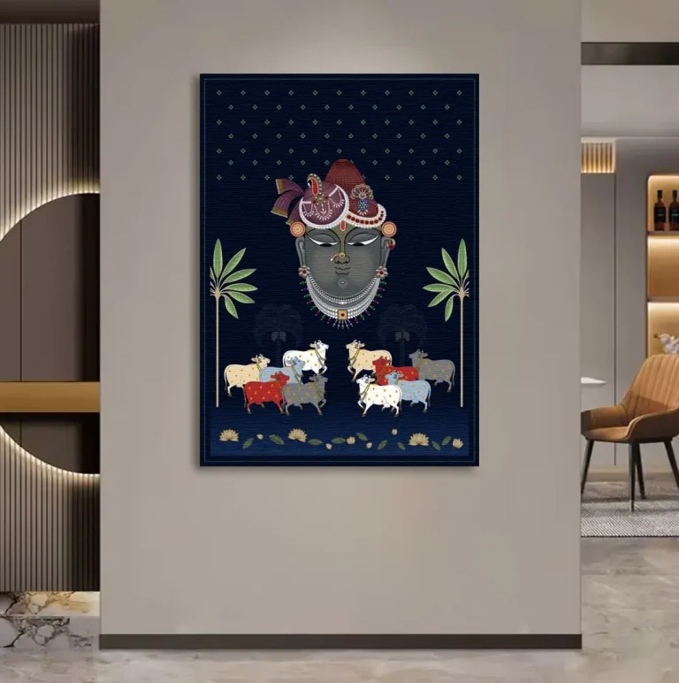 Ethnic Shrinathji and Kamdhenu Cows Pichwai Wall Art Canvas Base Photo