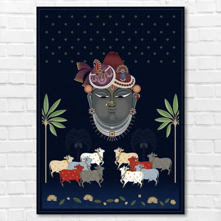 Ethnic Shrinathji and Kamdhenu Cows Pichwai Wall Art Canvas Base Photo