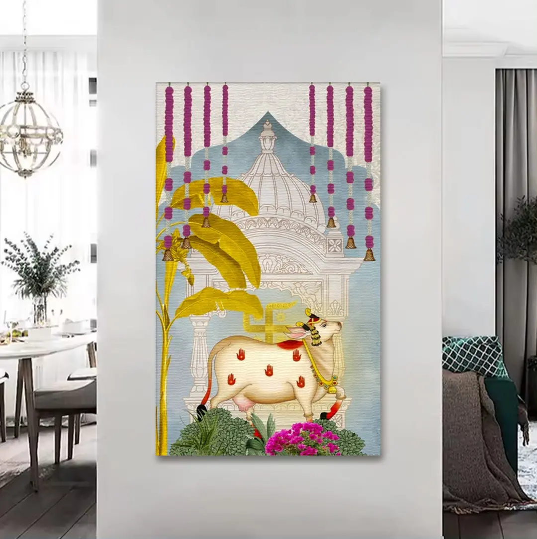 Swatik Kamadhenu Cow Pichwai Wall Art Canvas Base Photo