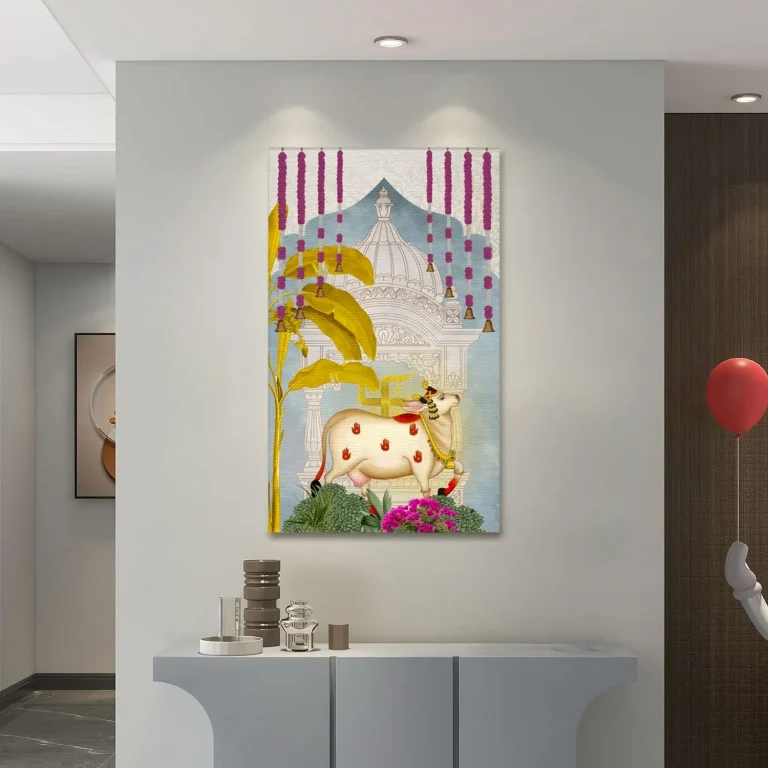 Swatik Kamadhenu Cow Pichwai Wall Art Canvas Base Photo