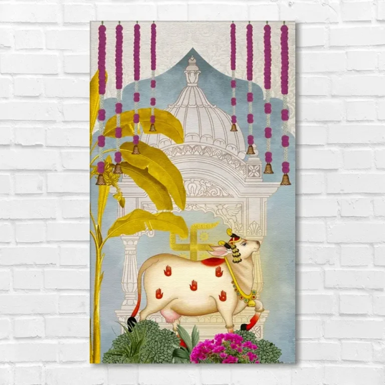 Swatik Kamadhenu Cow Pichwai Wall Art Canvas Base Photo