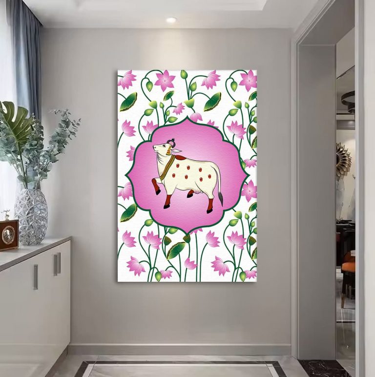 Ethnic Kamdhenu Cow Pichwai Wall Art Canvas Base Photo