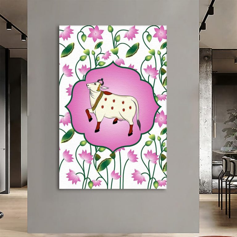 Ethnic Kamdhenu Cow Pichwai Wall Art Canvas Base Photo