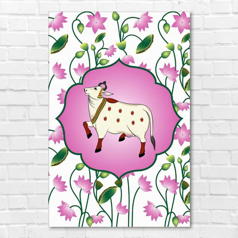 Ethnic Kamdhenu Cow Pichwai Wall Art Canvas Base Photo