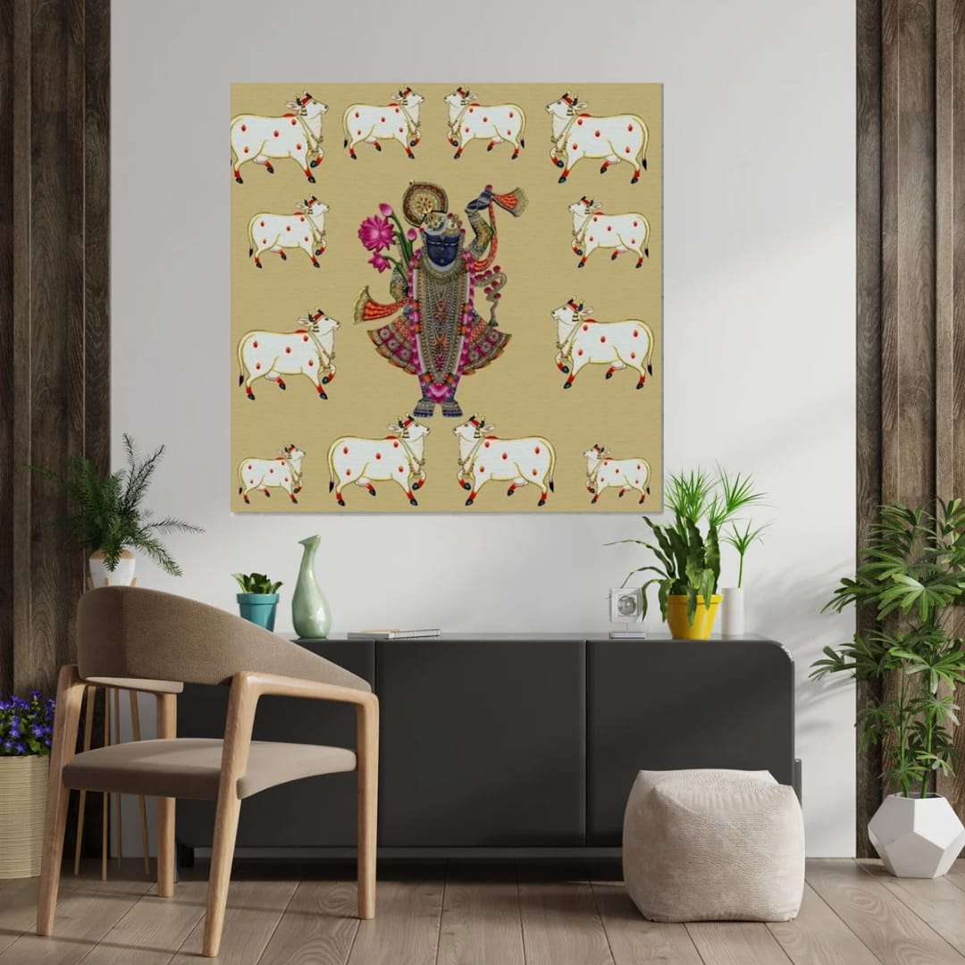 Auspicious Shreenathji Kamdhenu Pichwai Wall Art Canvas Base