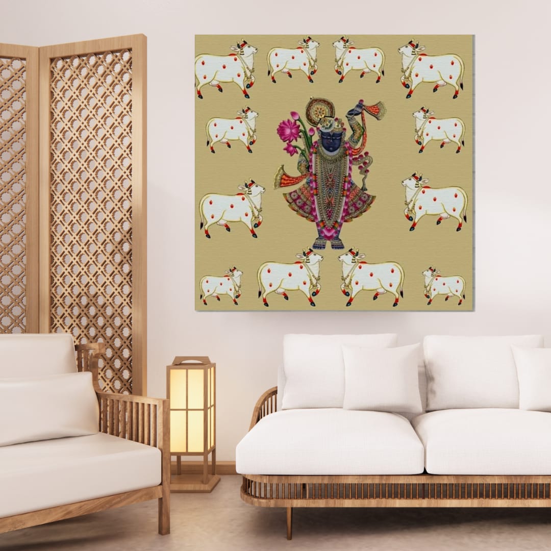 Auspicious Shreenathji Kamdhenu Pichwai Wall Art Canvas Base
