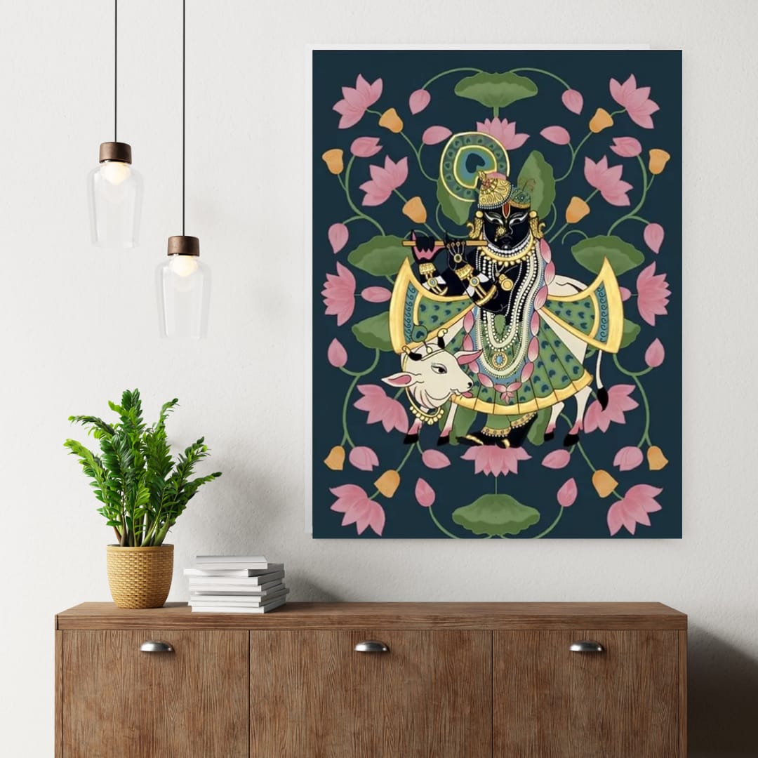 Lotus background Shreenathji and Cow Pichwai Wall Art Canvas Base Photo