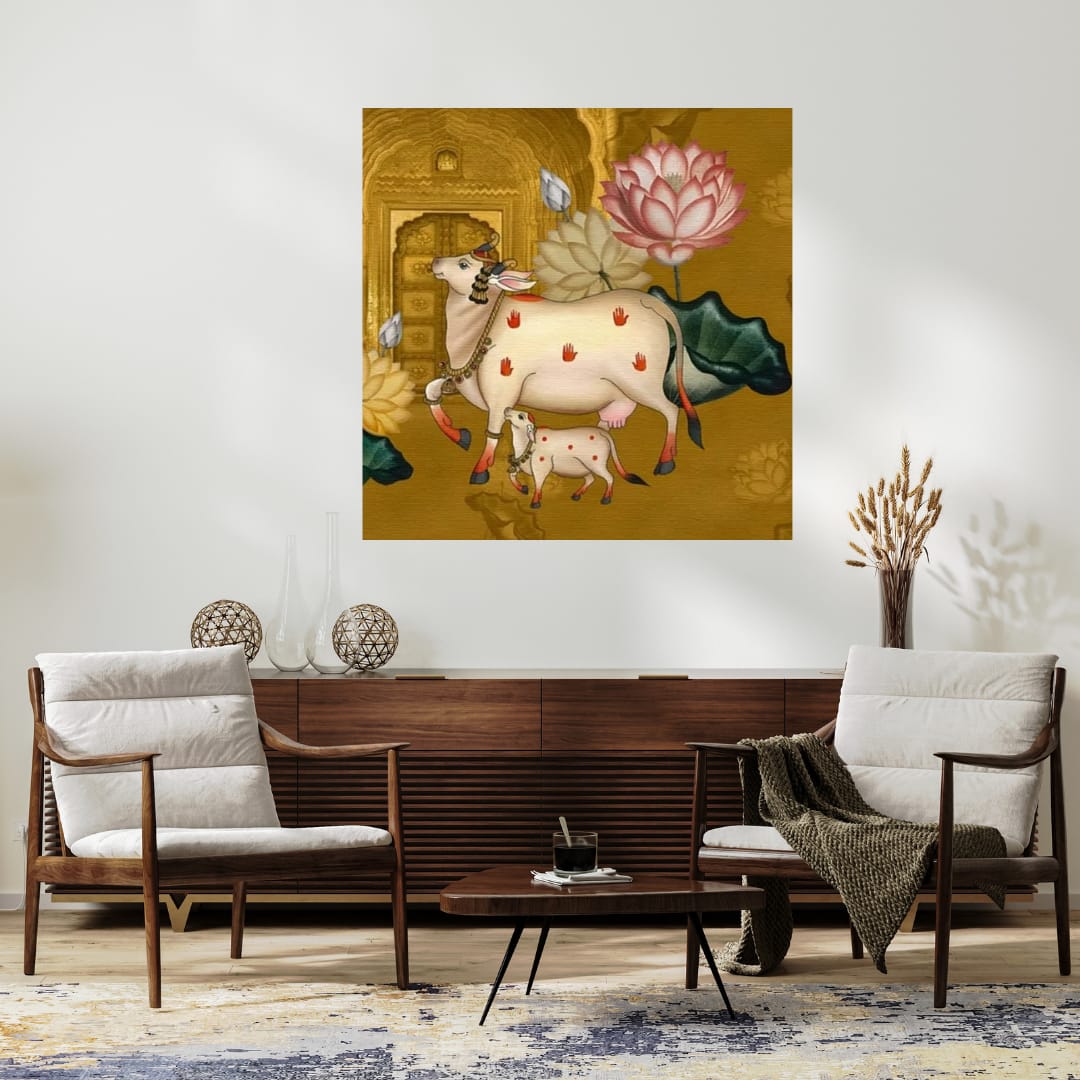 Auspicious Pichwai Cow & Lotus Wall Art Canvas Base