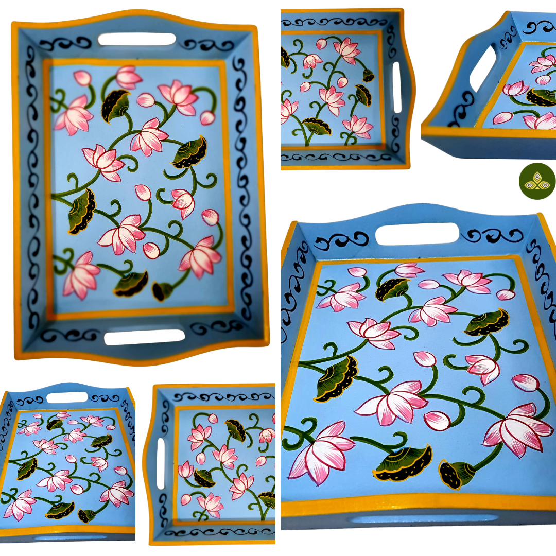 Hand painted pichwai art wooden sky blue color tray