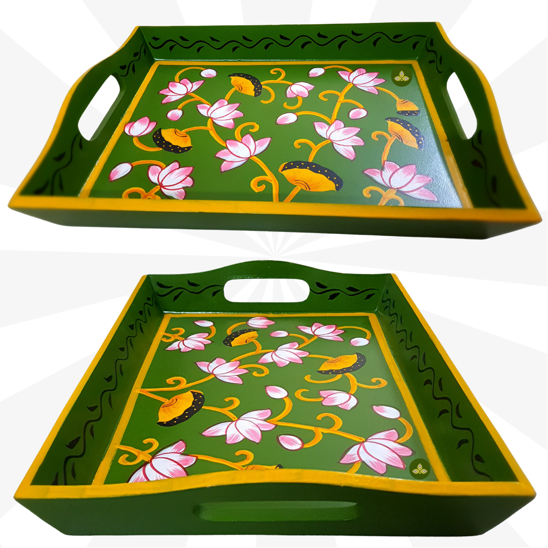 Hand painted pichwai art wooden green color tray