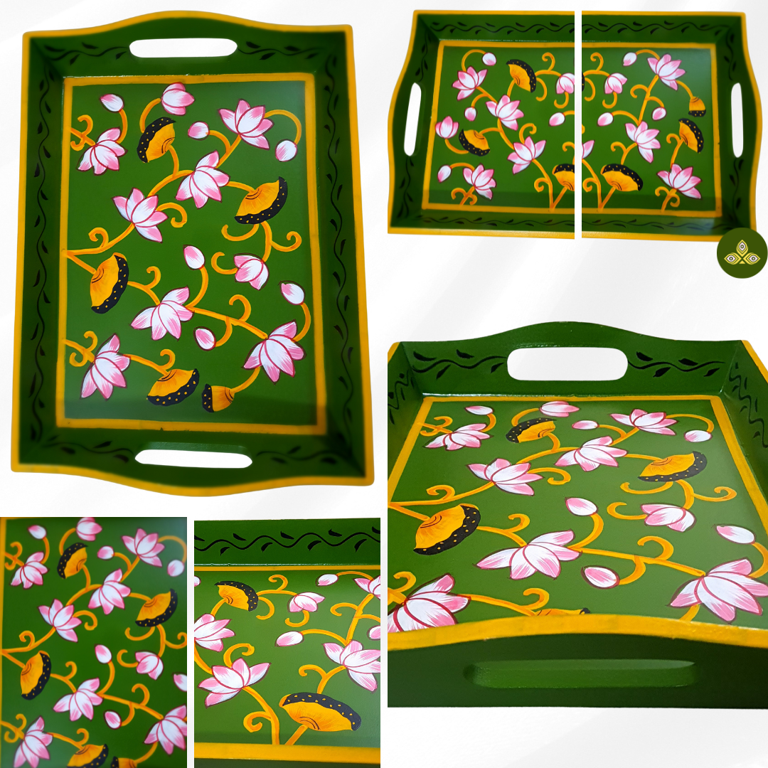 Hand painted pichwai art wooden green color tray