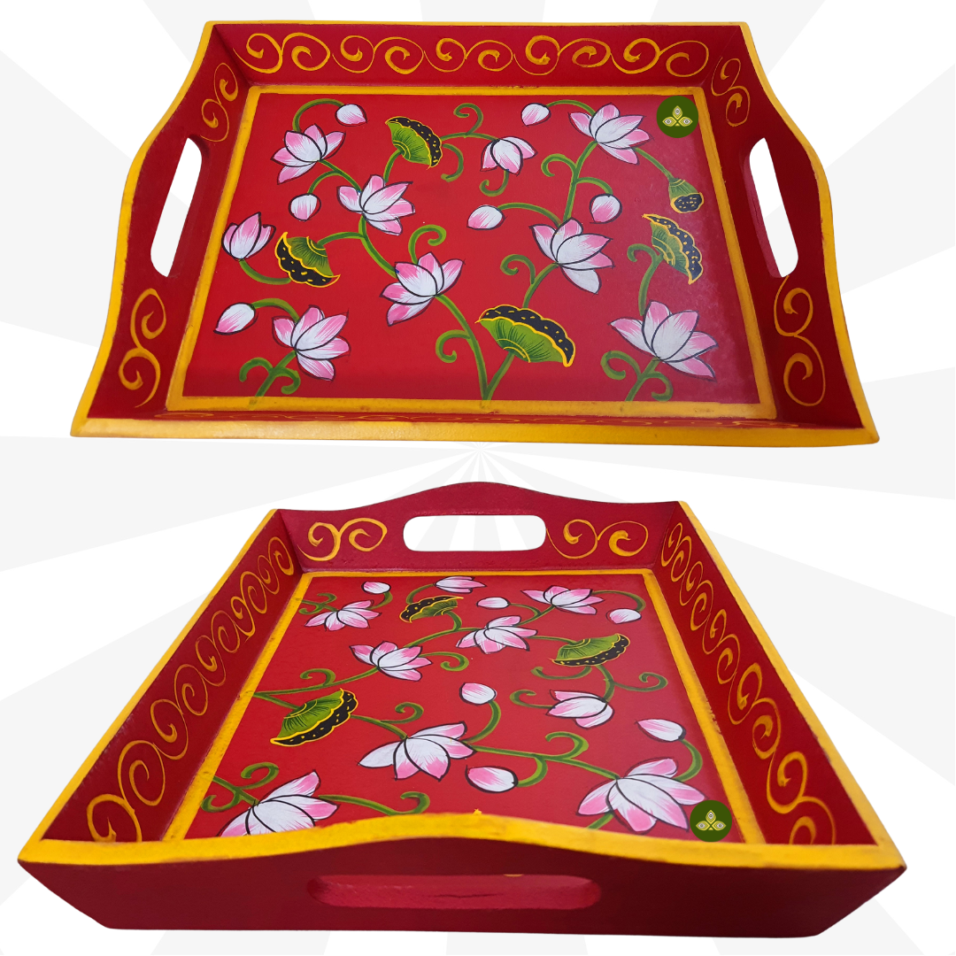 Hand painted pichwai art wooden red color tray