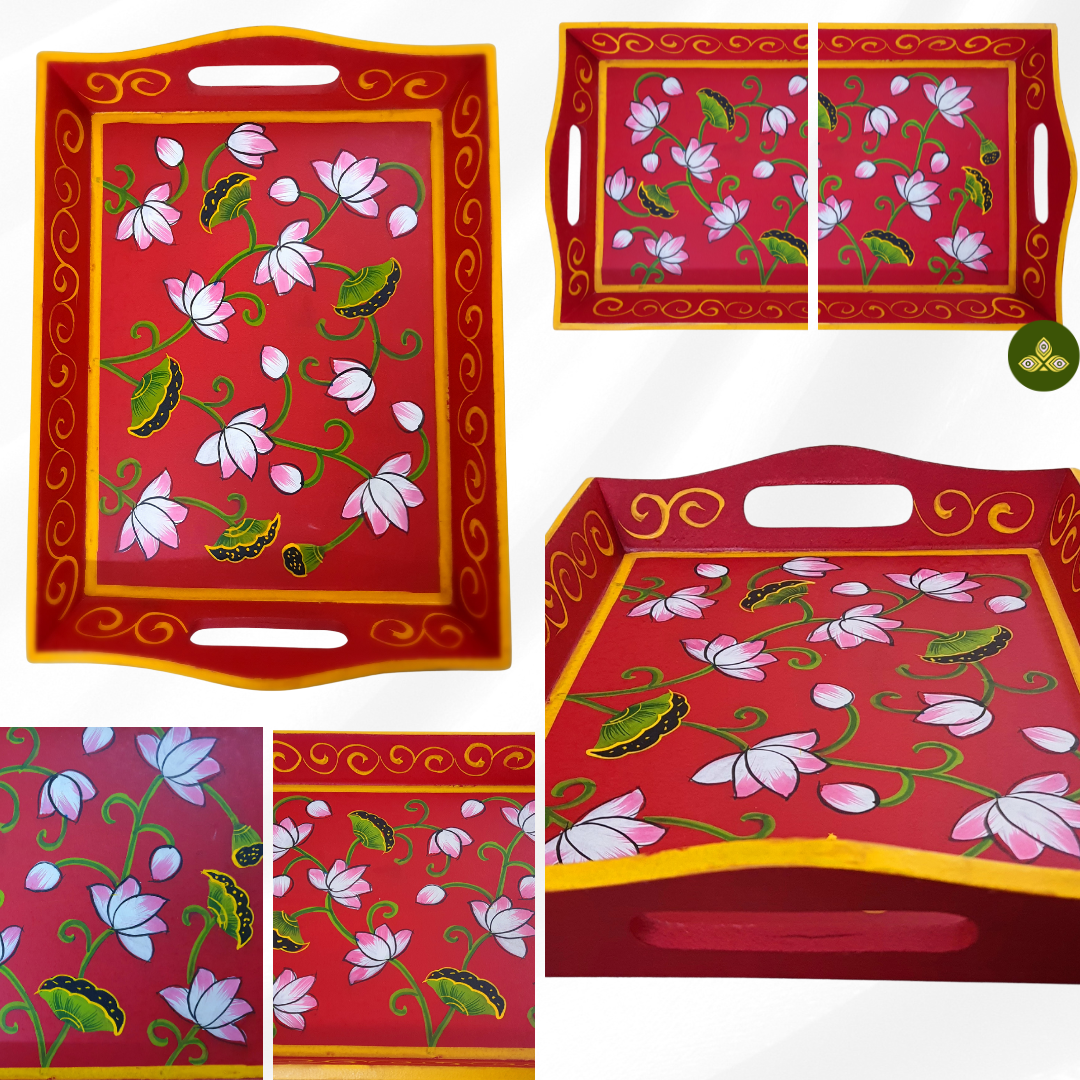 Hand painted pichwai art wooden red color tray