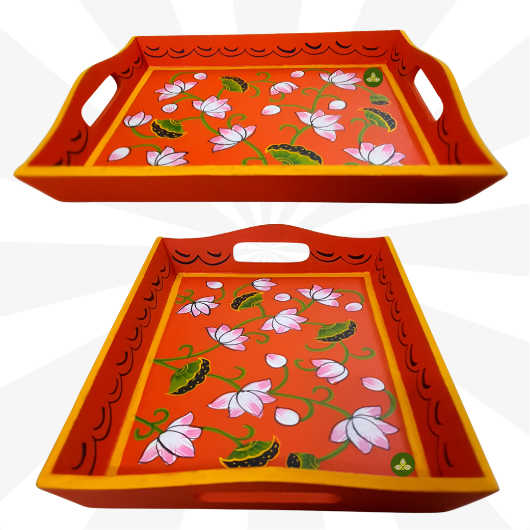 Hand painted pichwai art wooden orange color tray