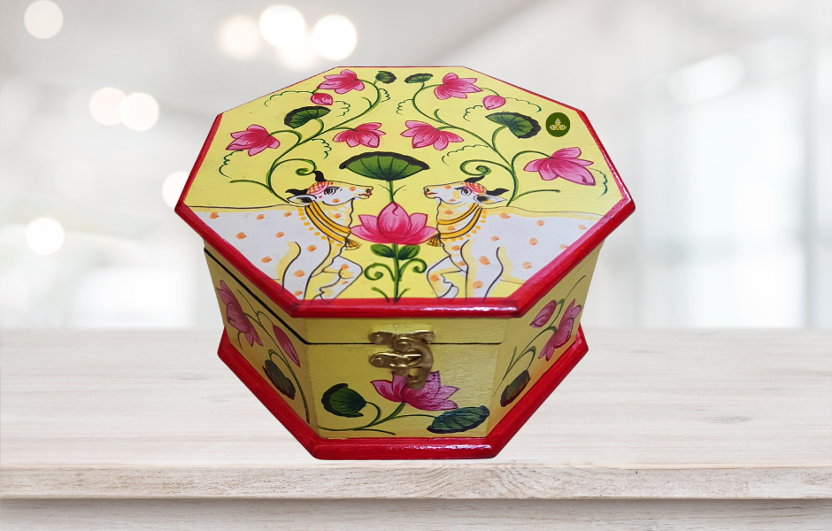 Hand Painted Pichwai Art Wooden Yellow Color Octagon shape Storage Box