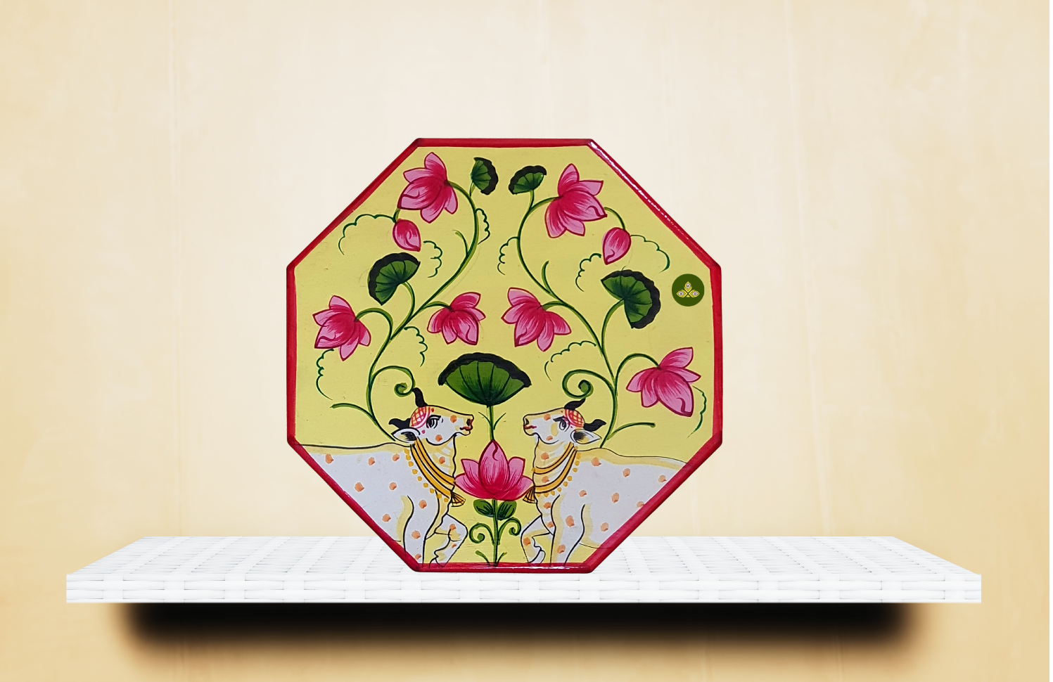 Hand Painted Pichwai Art Wooden Yellow Color Octagon shape Storage Box