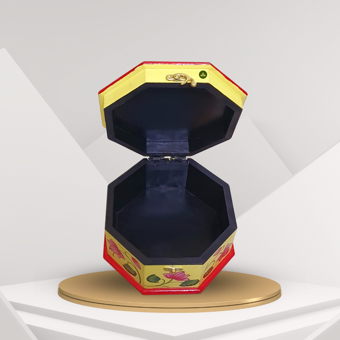 Hand Painted Pichwai Art Wooden Yellow Color Octagon shape Storage Box