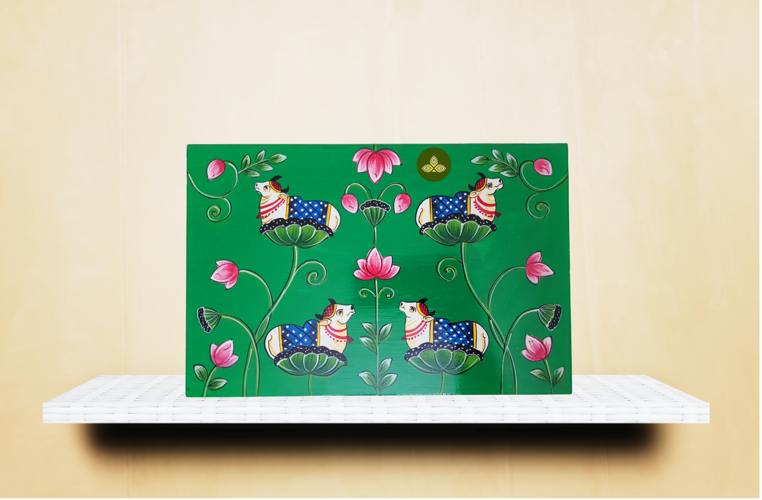 Hand Painted Pichwai Art Wooden Green Color Storage Box