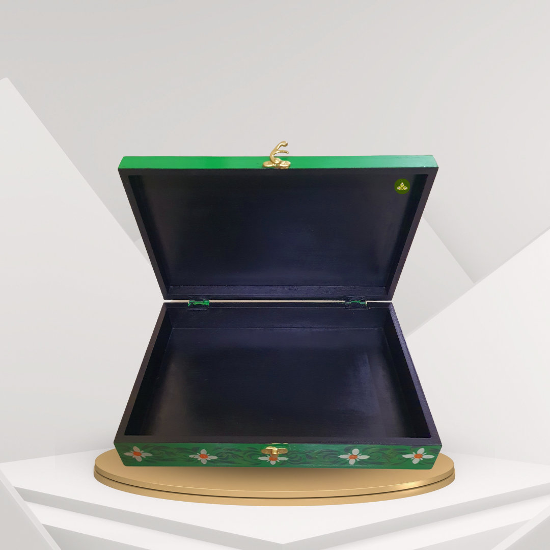 Hand Painted Pichwai Art Wooden Green Color Storage Box