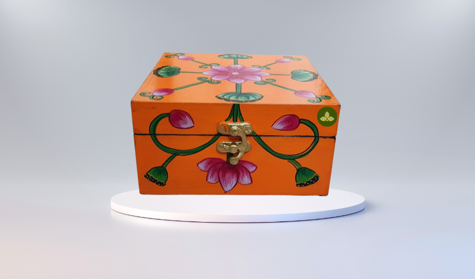 Hand Painted Pichwai Art Wooden Orange Color Square shape Storage Box