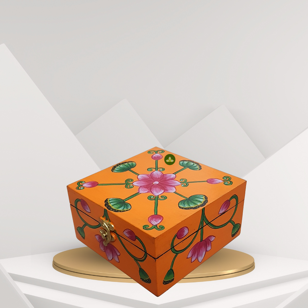 Hand Painted Pichwai Art Wooden Orange Color Square shape Storage Box