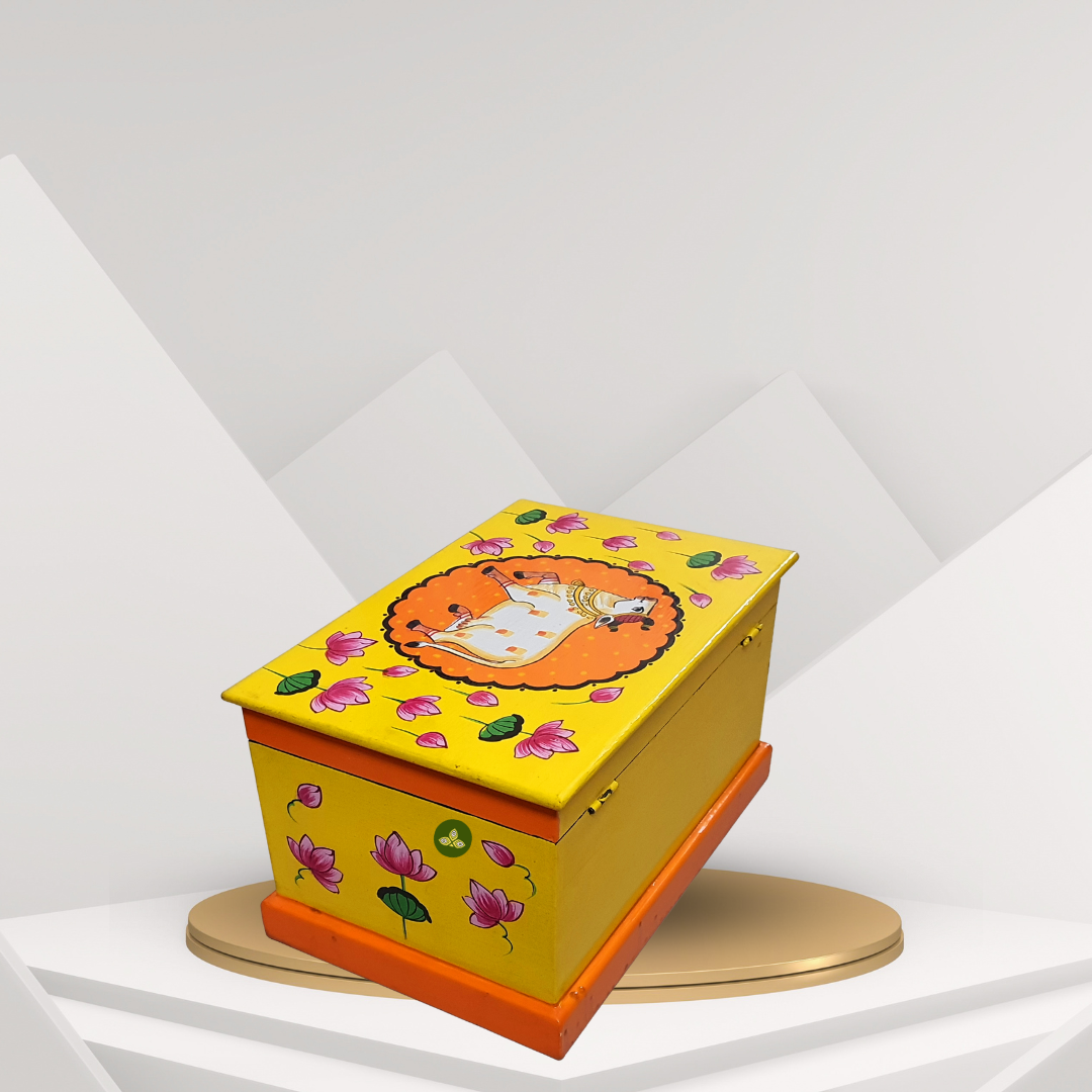 Hand Painted Pichwai Art Wooden Yellow Color Large size Storage Box