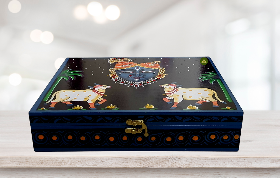 Hand Painted Shreenathji Pichwai Art Wooden Black Blue Color Storage Box