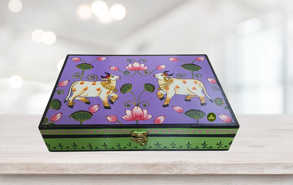 Hand Painted Pichwai Art Wooden Purple Color Storage Box