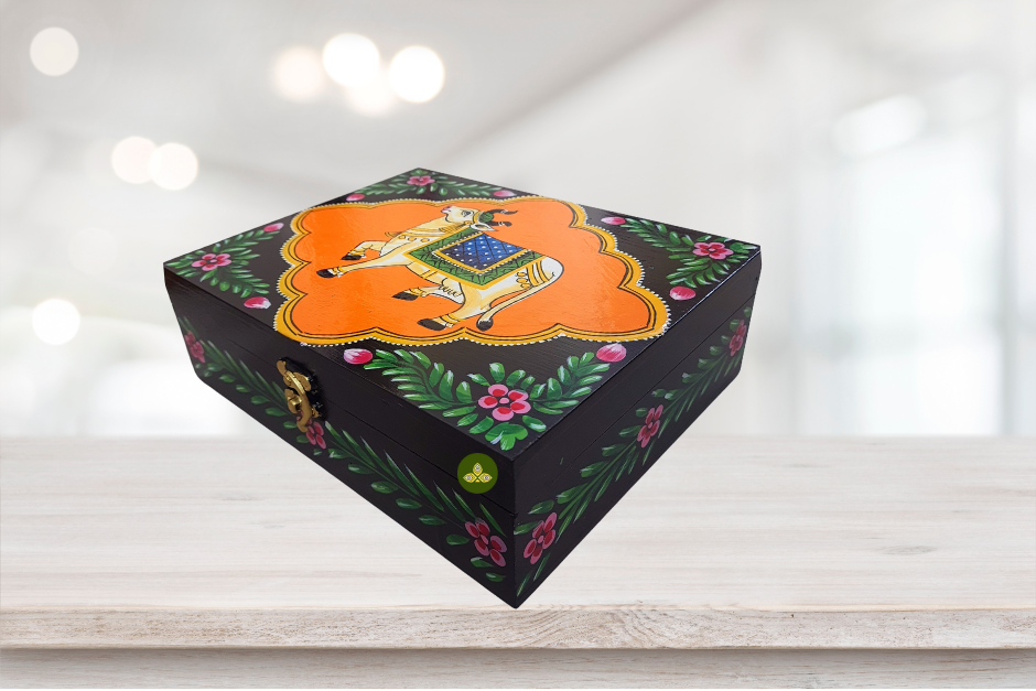 Hand Painted Pichwai Art Wooden Orange Black Color Storage Box