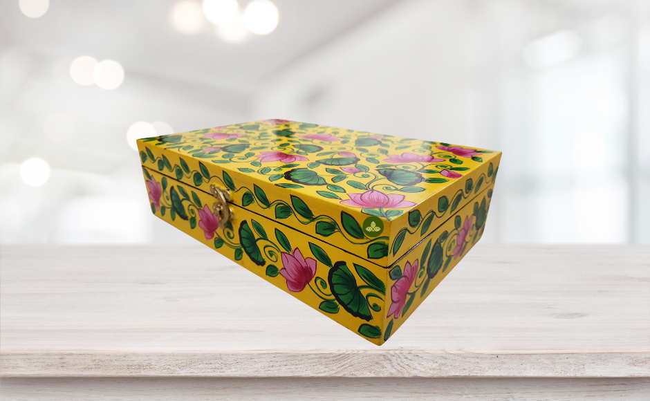 Hand Painted Pichwai Lotus Art Wooden Yellow Color Storage Box