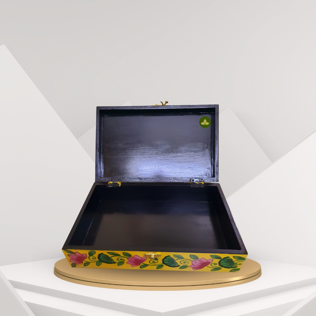 Hand Painted Pichwai Lotus Art Wooden Yellow Color Storage Box