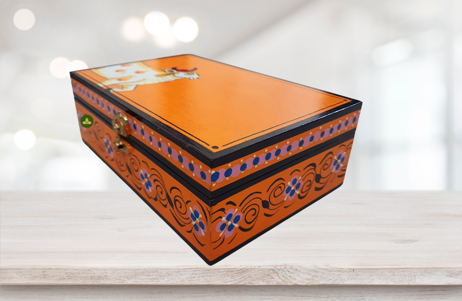 Hand Painted Pichwai Art Wooden Orange Color Storage Box