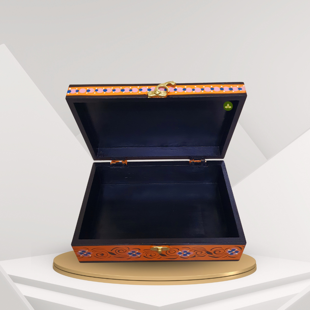 Hand Painted Pichwai Art Wooden Orange Color Storage Box