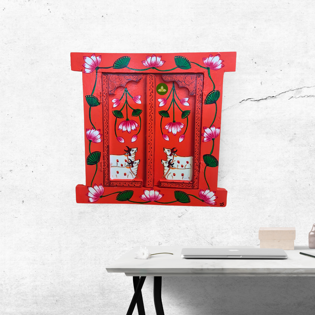 Hand Painted Pichwai Art Wooden Orange Color Jharokha With Door