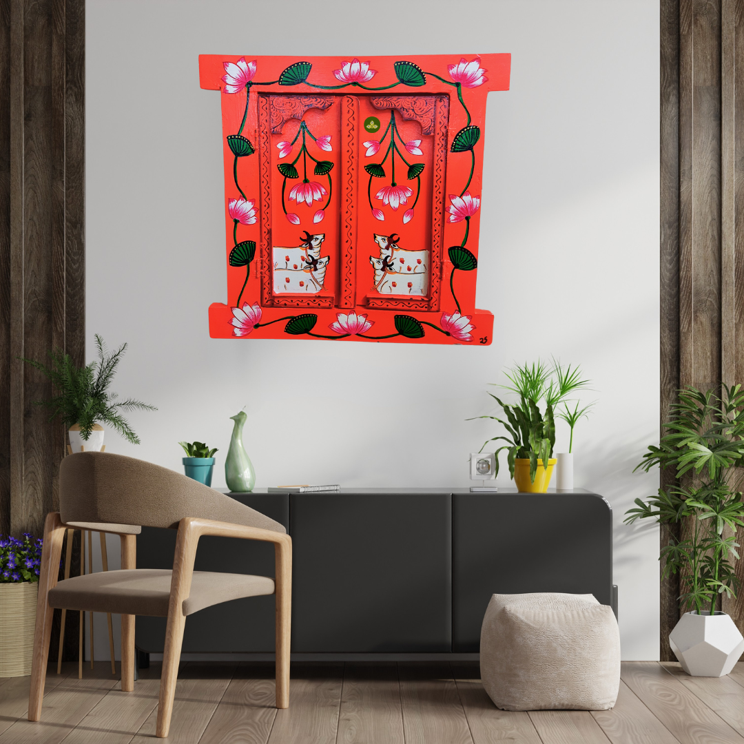 Hand Painted Pichwai Art Wooden Orange Color Jharokha With Door