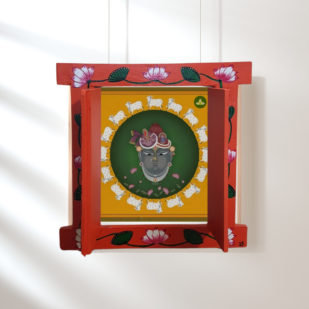 Hand Painted Pichwai Art Wooden Orange Color Jharokha With Door