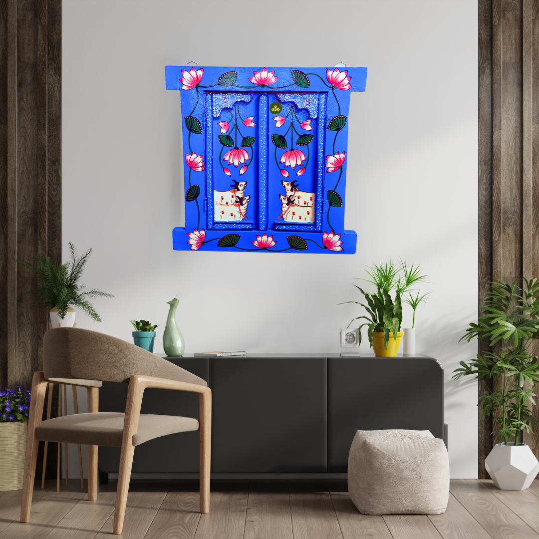 Hand Painted Pichwai Art Wooden Blue Color Jharokha With Door