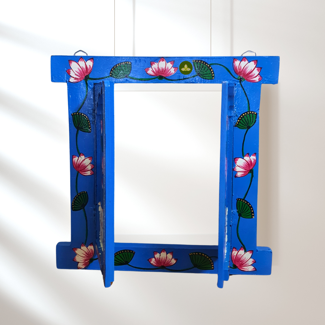 Hand Painted Pichwai Art Wooden Blue Color Jharokha With Door