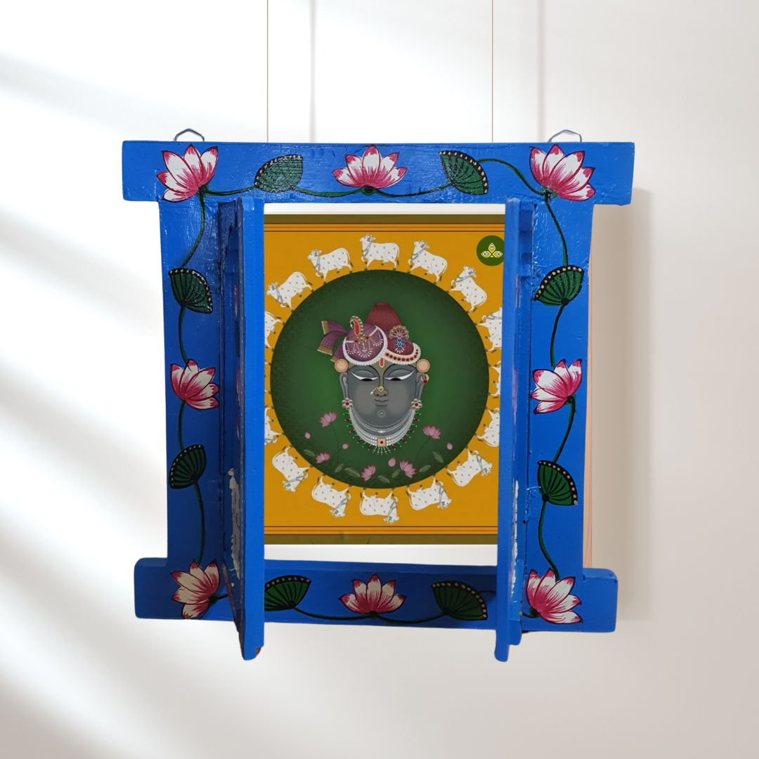 Hand Painted Pichwai Art Wooden Blue Color Jharokha With Door