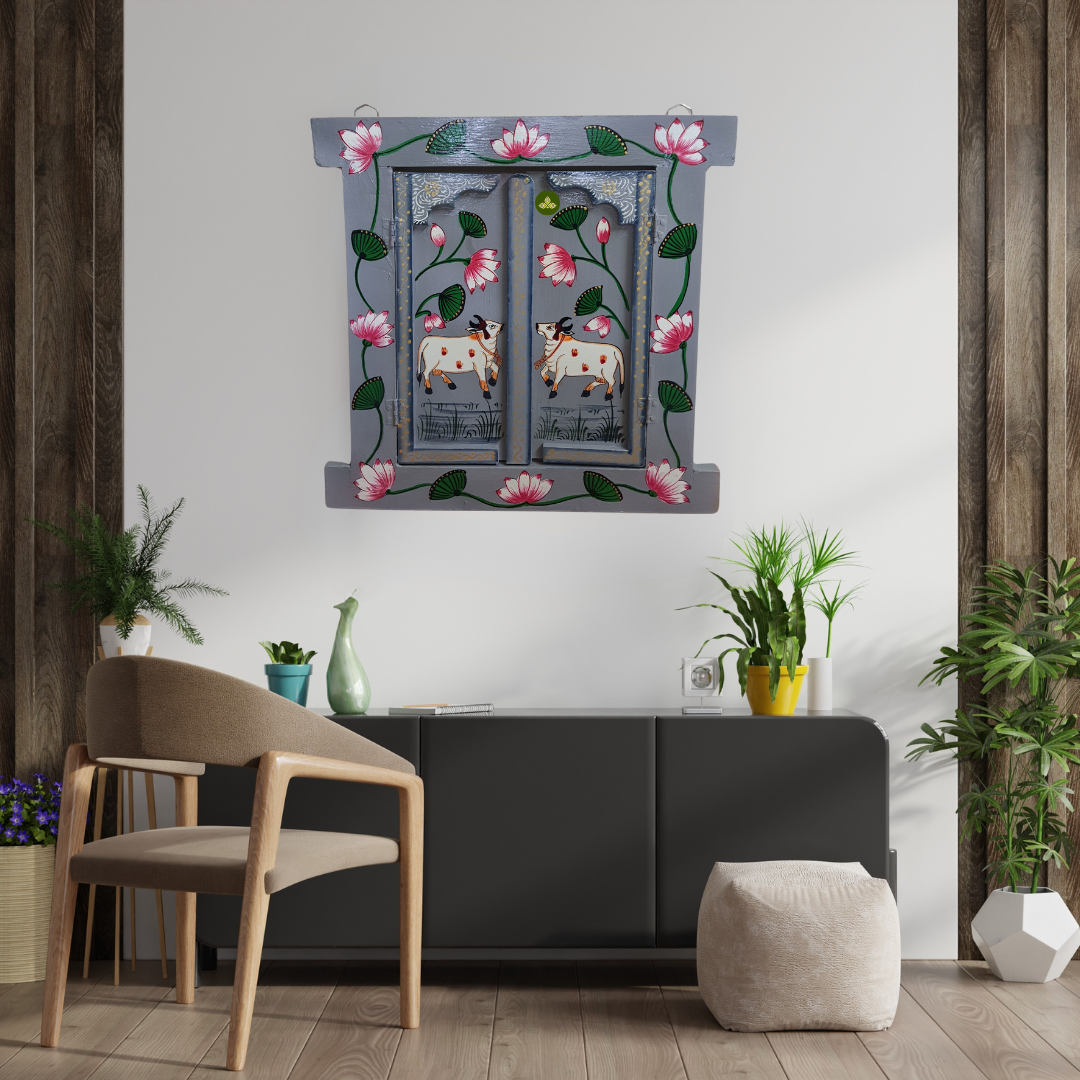 Hand Painted Pichwai Art Wooden Grey Color Jharokha With Door
