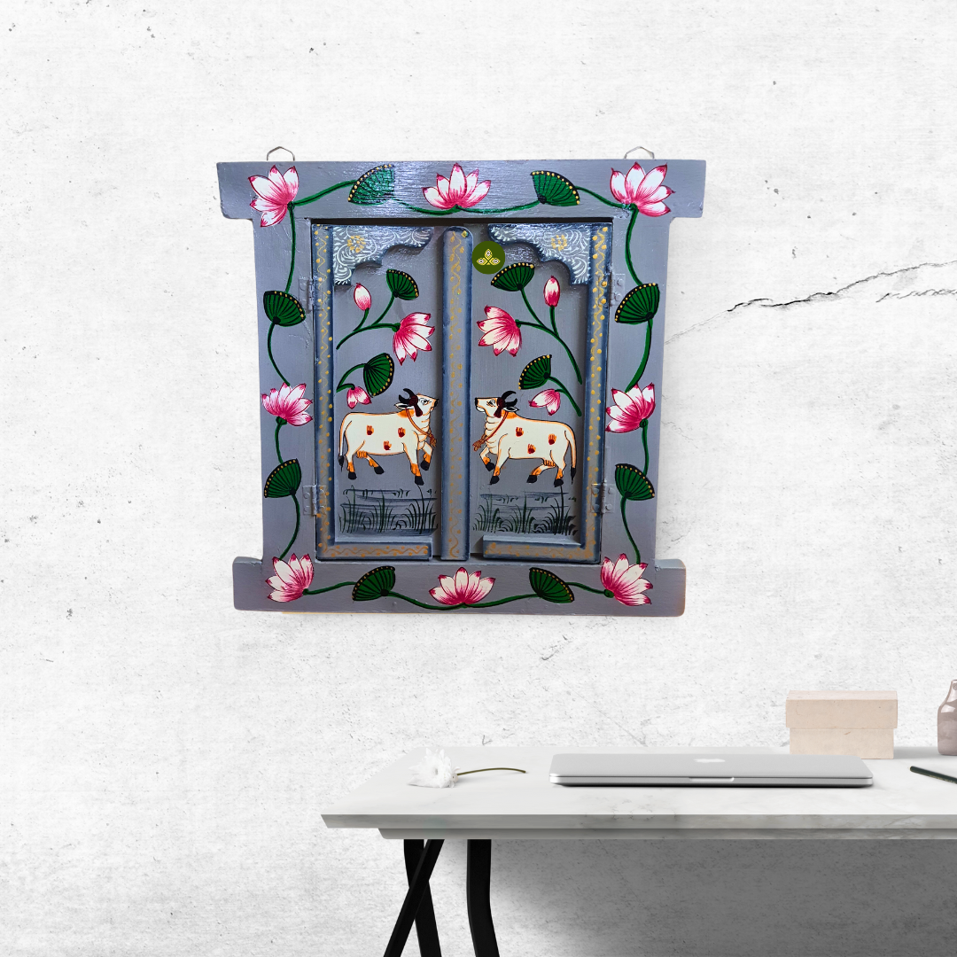 Hand Painted Pichwai Art Wooden Grey Color Jharokha With Door