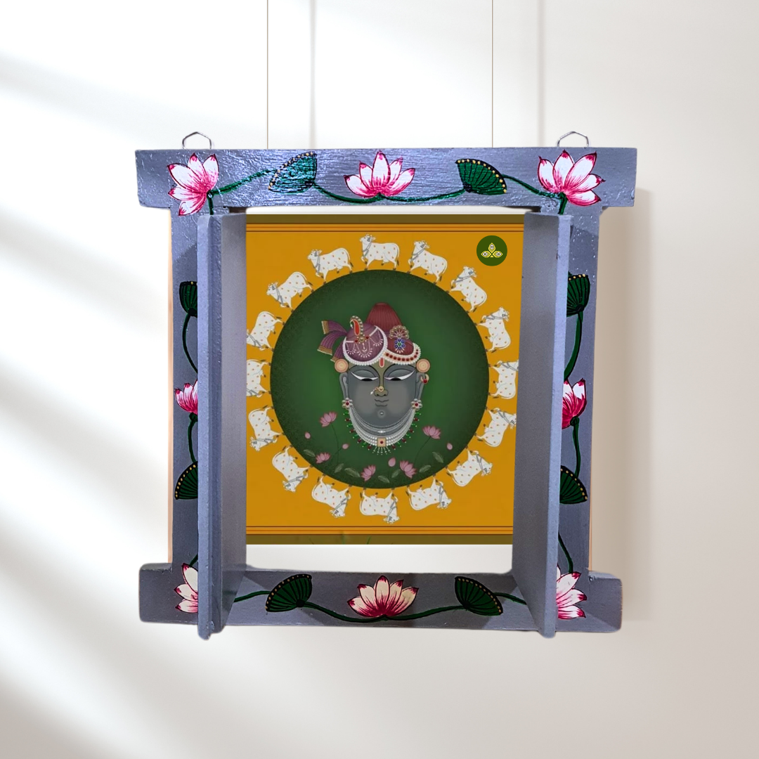 Hand Painted Pichwai Art Wooden Grey Color Jharokha With Door