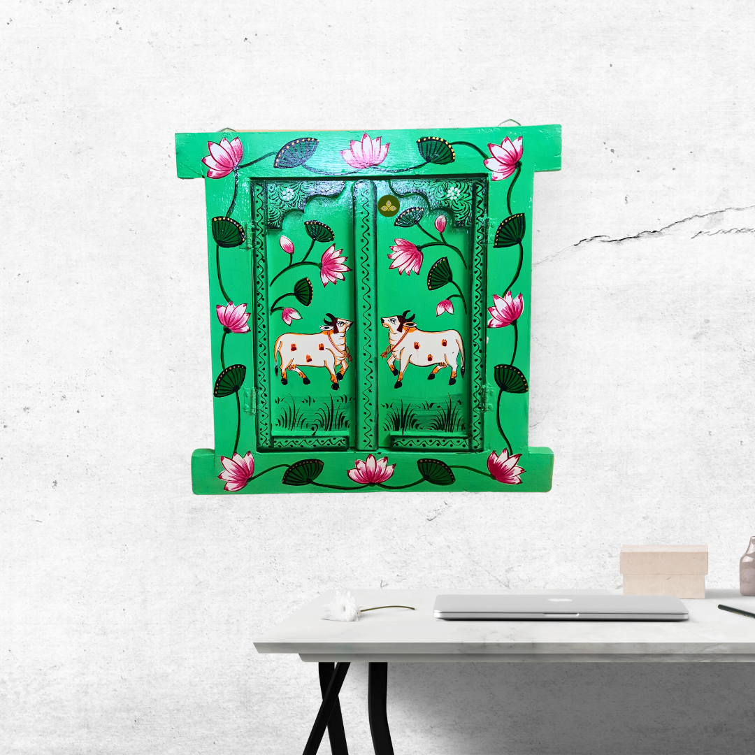 Hand Painted Pichwai Art Wooden Green Color Jharokha With Door