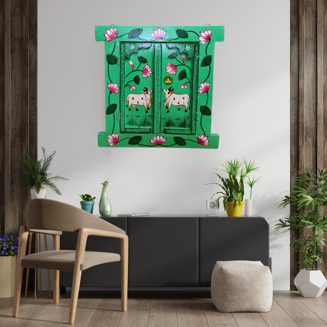 Hand Painted Pichwai Art Wooden Green Color Jharokha With Door