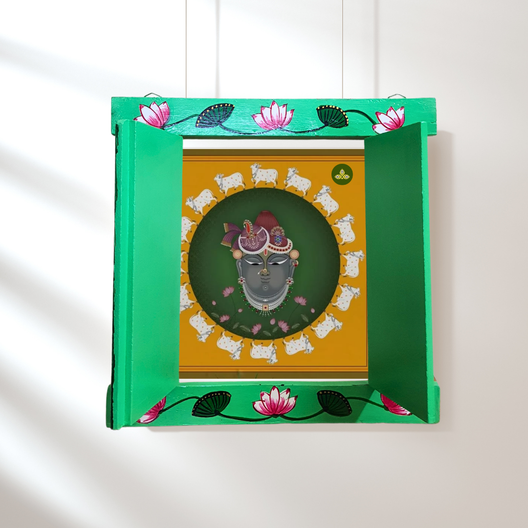 Hand Painted Pichwai Art Wooden Green Color Jharokha With Door